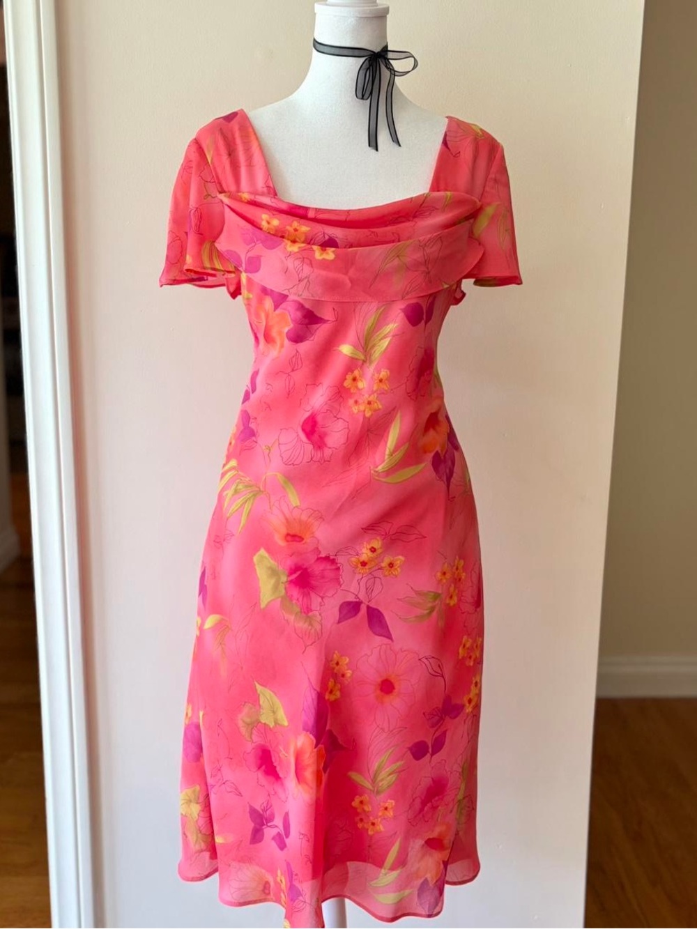 Vintage pink floral midi dress coquette fairy chiffon overlay 90s Y2K summer M